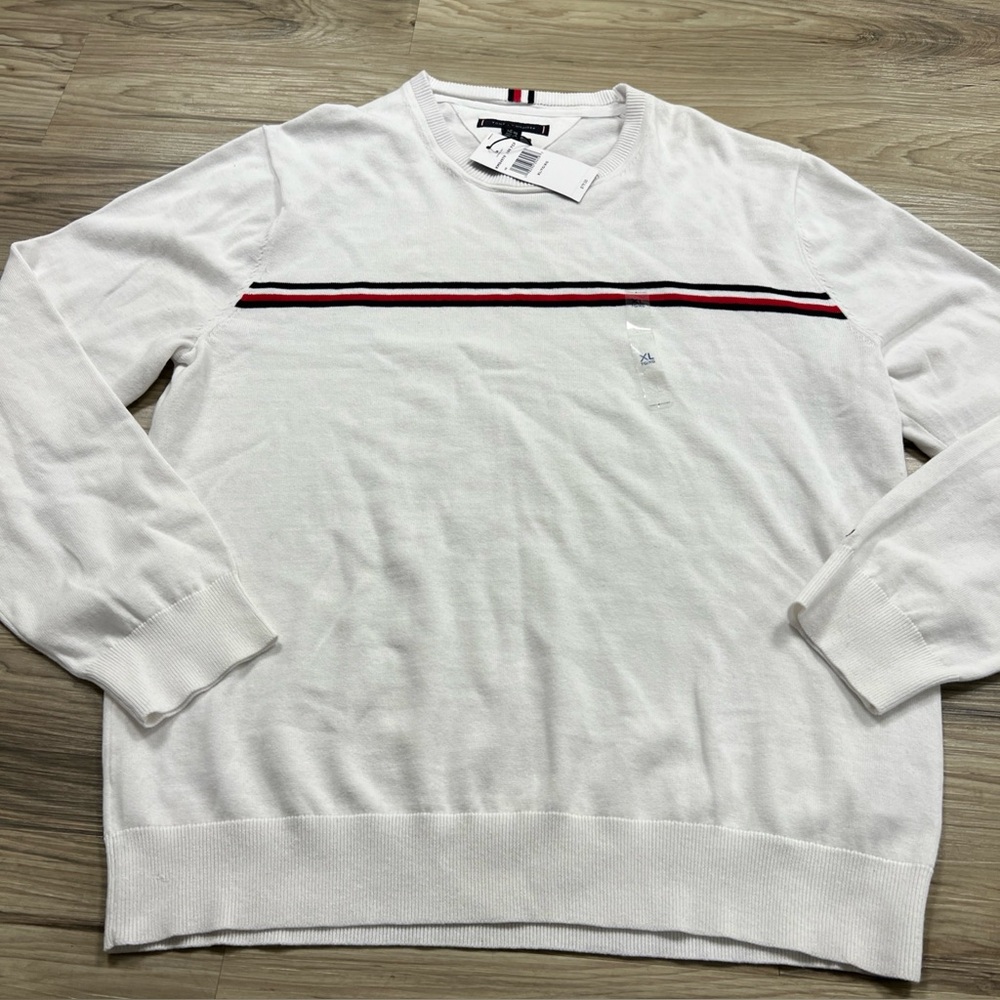Tommy Hilfiger Pullover Crewneck sweater 100% Cotton White/Stripe Men XL NWT $80